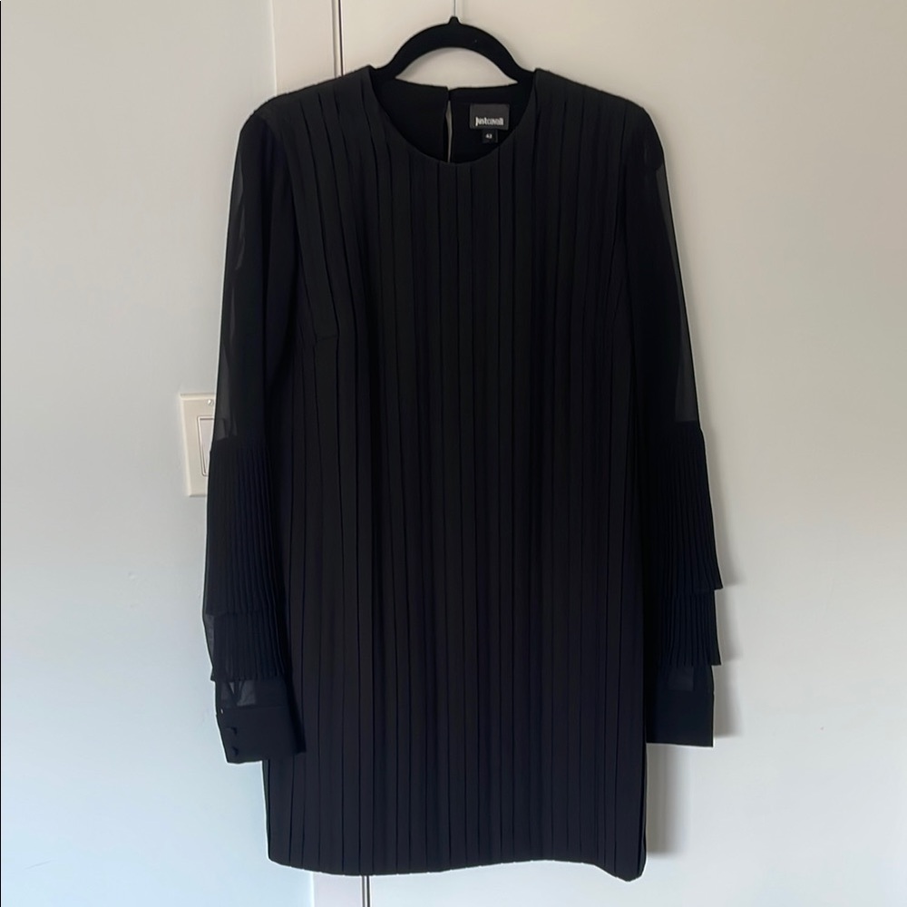 Just Cavalli Black Pleated Mini Dress Sheer Long Sleeve IT42 US 4-6